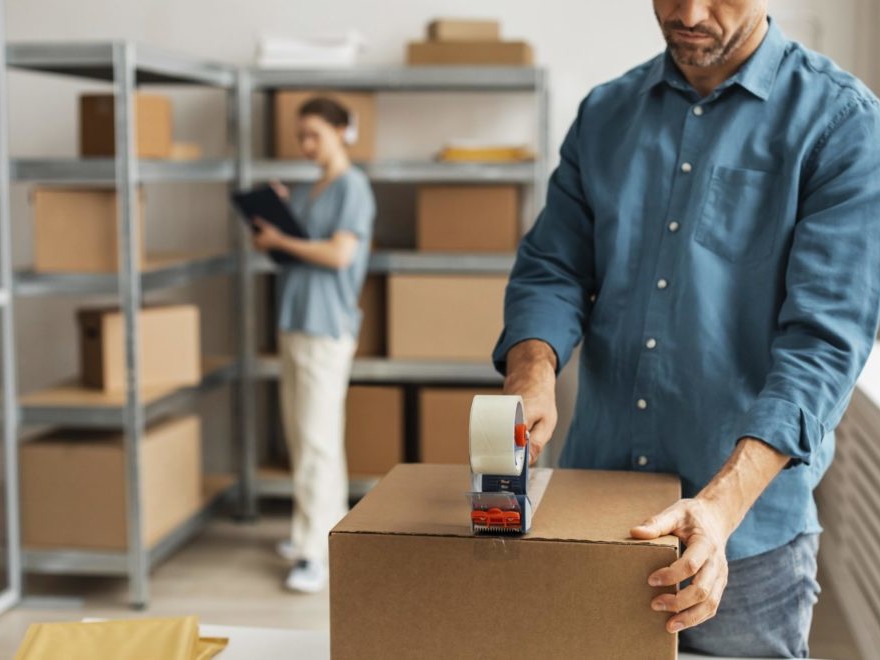 Personne emballant un carton dans un entrepôt.