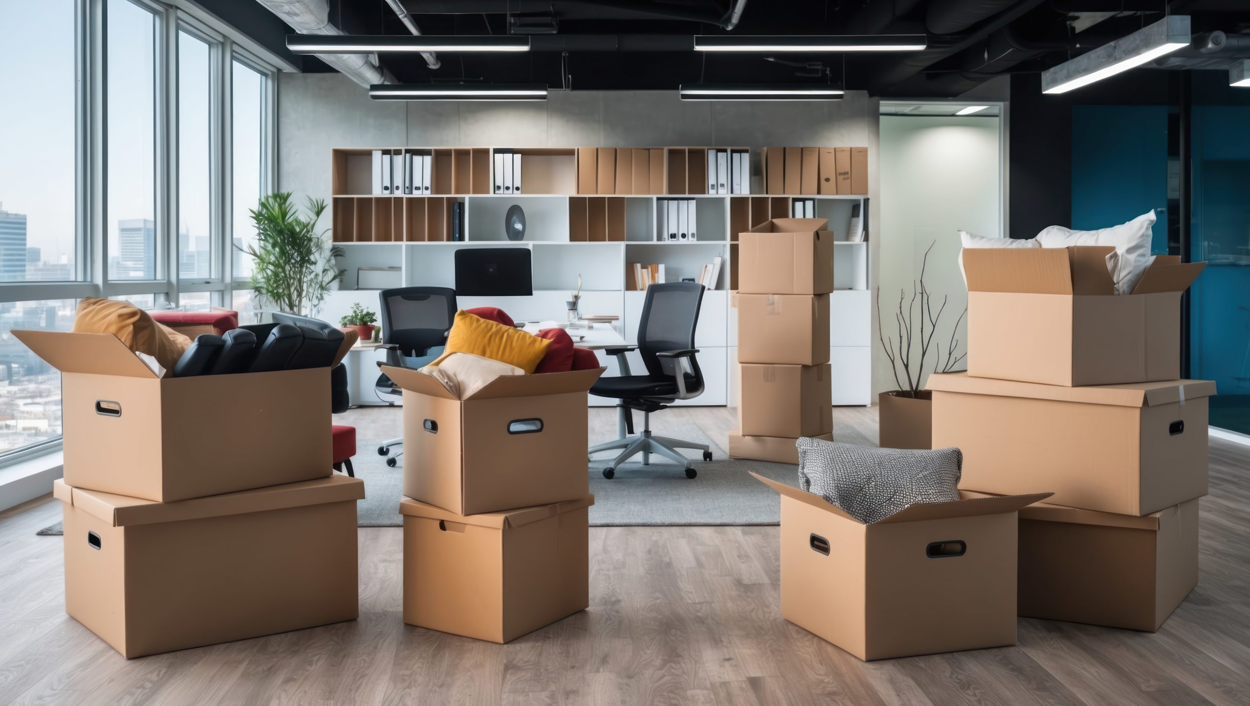 Bureaux modernes avec cartons de d&eacute;m&eacute;nagement empil&eacute;s