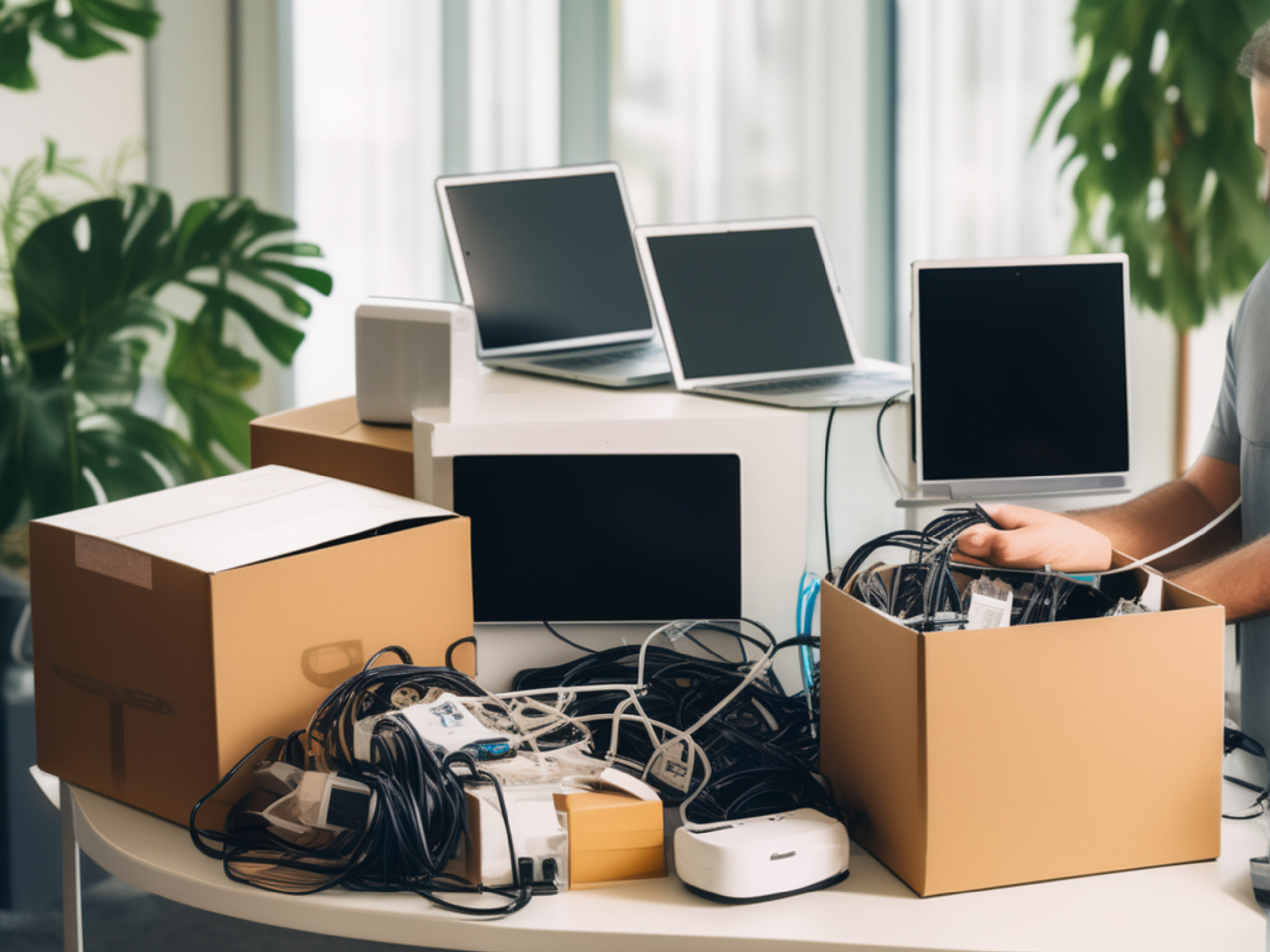 Organisation de câbles et ordinateurs sur une table.